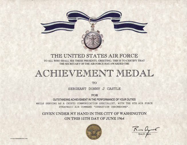 Air Force Achievement Medal Certificate Replacement Certificate
