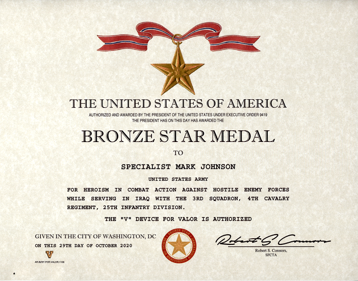 Bronze Star Medal Replaement Certificate